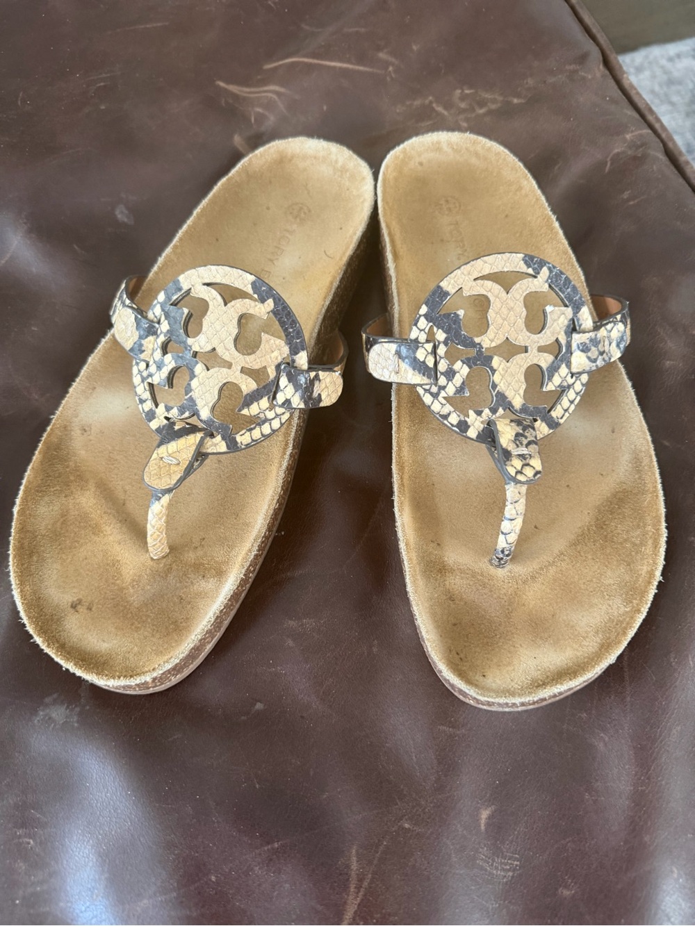 Tory Burch Beige and Black Snake-Print Miller Thong Sandals cloud style